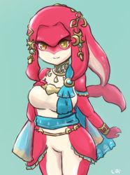 Rule 34 | 1girl, alternate breast size, aqua background, breasts, closed mouth, colored skin, crescent, crescent hair ornament, diamond (shape), fins, hair between eyes, hair ornament, hand on own chest, jewelry, large breasts, long hair, mipha, monster girl, multicolored skin, necklace, nintendo, no eyebrows, no nipples, no nose, orange eyes, red hair, red skin, simple background, siousr, smile, solo, the legend of zelda, the legend of zelda: breath of the wild, white skin, zora