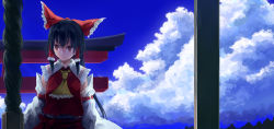 Rule 34 | 1girl, :/, akaiha (akaihagusk), arm garter, ascot, bad id, bad pixiv id, black hair, bow, brown eyes, closed mouth, cloud, cloudy sky, day, detached sleeves, frilled shirt collar, frills, hair bow, hair tubes, hakurei reimu, highres, japanese clothes, long sleeves, looking away, miko, outdoors, red bow, red shirt, red skirt, shirt, skirt, skirt set, sky, sleeveless, sleeveless shirt, solo, sweat, torii, touhou, upper body, wide sleeves
