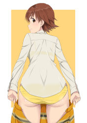 Rule 34 | 1girl, absurdres, ass, back, bralines, brown eyes, brown hair, closed mouth, clothes pull, collared shirt, commentary, cowboy shot, crotch seam, dress shirt, from behind, highres, honda mio, idolmaster, idolmaster cinderella girls, idolmaster cinderella girls starlight stage, k-ya., long sleeves, looking at viewer, looking back, miniskirt, open clothes, open skirt, panties, plaid, plaid skirt, pleated skirt, pulled by self, shirt, short hair, simple background, skirt, skirt pull, smile, solo, standing, underwear, white shirt, yellow background, yellow panties, yellow skirt