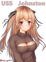 Rule 34 | 1girl, breasts, brown eyes, brown sweater, center opening, character name, cleavage, cleavage cutout, clothing cutout, commentary request, highres, johnston (kancolle), kantai collection, light brown hair, long hair, medium breasts, meme attire, one-hour drawing challenge, open-chest sweater, ribbed sweater, shadow, simple background, solo, sweater, turtleneck, two side up, upper body, white background, yuusen (aenka)