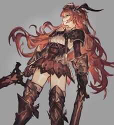 Rule 34 | 1girl, armored boots, black gloves, boots, breasts, brown skirt, dual wielding, floating hair, gloves, green eyes, grey background, hair between eyes, highres, holding, holding sword, holding weapon, horns, long hair, long sleeves, looking away, looking to the side, original, red hair, shirt, simple background, skirt, small breasts, solo, sweat, sword, thigh boots, very long hair, weapon, white shirt, yanyan (shinken gomi)
