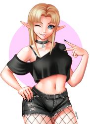 Rule 34 | 1girl, ;), alt text, black bra, black eyeshadow, black nails, black shorts, blonde hair, blue eyes, bra, bra strap, breasts, collar, collarbone, commentary, contemporary, contrapposto, crop top, cutoffs, denim, denim shorts, english commentary, eyeshadow, fishnet pantyhose, fishnets, goth fashion, hand on own hip, jackary, long hair, long pointy ears, makeup, midriff, nail polish, navel, nintendo, off shoulder, one eye closed, pantyhose, pink lips, pointy ears, princess zelda, punkish gothic, shorts, sidelocks, small breasts, smile, solo, stomach, studded collar, the legend of zelda, the legend of zelda: a link between worlds, triforce, underwear, v, wink