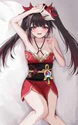 Rule 34 | 1girl, :d, absurdres, arm up, bare arms, bare legs, bare shoulders, bed sheet, black hair, black sash, blush, commentary request, criss-cross halter, dress, facial mark, feet out of frame, fiftya, fox mask, halterneck, hand up, highres, honkai: star rail, honkai (series), long hair, looking at viewer, lying, mask, mask on head, nail polish, o-ring, obi, on back, open mouth, red dress, red eyes, red nails, sash, smile, solo, sparkle (honkai: star rail), thighs, very long hair