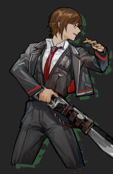 Rule 34 | 1girl, black background, black jacket, black pants, black vest, brown eyes, brown hair, collared shirt, green nails, highres, holding, holding sword, holding weapon, jacket, limbus company, long sleeves, necktie, nishikujic, outis (project moon), pants, parted lips, project moon, red necktie, shirt, short hair, simple background, solo, sword, vest, weapon, white shirt