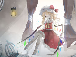 Rule 34 | 1girl, ascot, bat wings, blonde hair, cage, closed eyes, crystal, curtains, flandre scarlet, full body, hat, hat ribbon, highres, lamp, mob cap, multicolored wings, one side up, puffy short sleeves, puffy sleeves, ramochi, red skirt, red vest, ribbon, short sleeves, side ponytail, sitting, skirt, skirt set, solo, touhou, vest, white hat, window, wings, yellow ascot