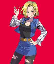 Rule 34 | 1girl, absurdres, android 18, aqua eyes, belt, belt skirt, blush, breasts, buttons, cleavage, closed mouth, collarbone, commentary request, dragon ball, dragonball z, earrings, fingernails, hand on own hip, highres, jewelry, lips, long sleeves, looking at viewer, medium breasts, miniskirt, pantyhose, parted bangs, red background, short hair, simple background, skirt, smile, solo, striped, torn clothes, torn pantyhose, yamashita shun&#039;ya