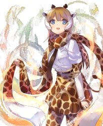 Rule 34 | 1girl, animal ears, animal print, arm at side, aura, belt, blue eyes, breast pocket, brown hair, giraffe ears, giraffe horns, giraffe print, giraffe tail, hair between eyes, hand up, high-waist skirt, holding, horns, kemono friends, layered sleeves, light brown hair, long hair, long sleeves, looking at viewer, multicolored hair, necktie, open mouth, pantyhose, pocket, print scarf, print skirt, print sleeves, reticulated giraffe (kemono friends), scarf, shirt, short over long sleeves, short sleeves, skirt, smile, solo, standing, tadano magu, tail, white hair, white shirt