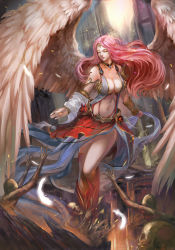 Rule 34 | 1girl, angel, angel wings, aurora rokudo, bare shoulders, breasts, cleavage, corpse, dress, closed eyes, feathered wings, feathers, full body, gloves, highres, large breasts, light rays, long hair, navel, original, outstretched arm, outstretched hand, parted lips, pink hair, shingoku no valhalla gate, solo focus, thighs, very long hair, white wings, wings, zombie