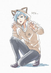 Rule 34 | 1boy, aihysa, animal ears, brown footwear, brown jacket, claw pose, collared shirt, commentary request, creatures (company), full body, game freak, grey eyes, grey hair, highres, hood, hood up, hooded jacket, jacket, jewelry, long sleeves, male focus, nintendo, on one knee, open mouth, pants, pokemon, pokemon rse, ring, shirt, shoes, short hair, solo, steven stone, teeth, tongue, upper teeth only, white shirt, zipper pull tab