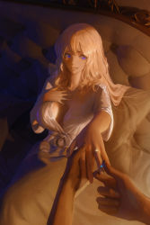Rule 34 | 1boy, 1girl, bed, bed frame, blonde hair, breasts, breasts apart, commission, cool4noodle, gem, hand on own chest, highres, jewelry, large breasts, long hair, open clothes, original, ornate ring, pajamas, pillow, purple eyes, ring, tearing up, tears, wedding ring, white pajamas
