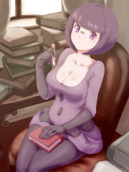 Rule 34 | 1girl, blunt bangs, bob cut, book, book stack, breasts, chair, cleavage, creatures (company), elbow gloves, elite four, game freak, glasses, gloves, kous (onetwojustice), large breasts, nintendo, pantyhose, pen, pokemon, pokemon bw, purple eyes, purple hair, shauntal (pokemon), short hair, sitting, skirt, solo