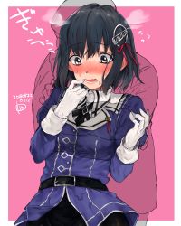 Rule 34 | 1boy, 1girl, black gloves, black hair, blush, brown eyes, commentary request, dated, embarrassed, faceless, faceless male, gloves, haguro (kancolle), haguro kai ni (kancolle), hair ornament, highres, kantai collection, military, military uniform, nakagomiyuki415, nose blush, pink background, see-through, short hair, signature, steam, uniform, upper body, white gloves