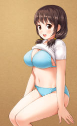 Rule 34 | 1girl, :d, arms at sides, bikini, blue bikini, blush, breasts, brown background, brown eyes, brown hair, cleavage, clothes lift, fingernails, hair tie, invisible chair, large breasts, legs together, looking at viewer, low twintails, navel, open mouth, original, poripori (pixiv), round teeth, shirt, shirt lift, short hair, short sleeves, short twintails, sitting, smile, solo, stomach, swimsuit, tareme, teeth, twintails, white shirt