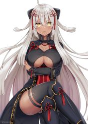 Rule 34 | 1girl, ahoge, black bow, black choker, black dress, black panties, black thighhighs, blush, bow, breasts, choker, cleavage, closed mouth, collarbone, crossed arms, crossed legs, dress, fate/grand order, fate (series), frown, hair between eyes, hair bow, hair ornament, hair ribbon, highres, kaetzchen, large breasts, long hair, looking at viewer, majin saber, okita souji (fate), okita souji alter (fate), panties, red ribbon, ribbon, sitting, solo, thighhighs, underboob, underwear, v-shaped eyebrows, very long hair, white background, white hair, yellow eyes