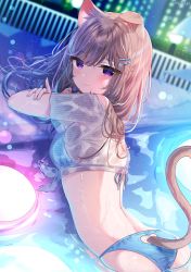 Rule 34 | 1girl, animal ear fluff, animal ears, artist name, ass, bikini, bikini under clothes, blue bikini, blurry, blurry background, blush, brown hair, cat ears, cat girl, cat tail, closed mouth, clothing cutout, commentary request, depth of field, front-tie top, hair ornament, hairclip, heart cutout, highres, leo (mafuyu), long hair, looking at viewer, looking back, mafuyu (chibi21), multicolored hair, original, partially submerged, pool, purple eyes, purple hair, see-through, shirt, short sleeves, signature, solo, streaked hair, swimsuit, tail, tail through clothes, tied shirt, unaligned ears, wide sleeves