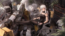 Rule 34 | 1girl, absurdres, animal ears, arknights, arm strap, artist name, bare shoulders, black dress, black pantyhose, blush, box, breasts, cardboard box, cleavage, closed mouth, crossed legs, detached collar, dress, feet on table, frilled dress, frills, full body, highres, indoors, ling dianxia, long hair, looking at viewer, machinery, medium breasts, monitor, official alternate hair length, official alternate hairstyle, pantyhose, plant, potted plant, red eyes, rhodes island logo (arknights), sitting, sleeveless, sleeveless dress, solo, tablet pc, thigh strap, veil, weedy (arknights), white hair, wristband