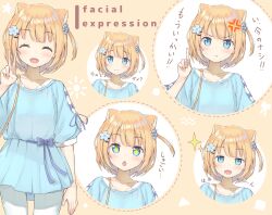 Rule 34 | + +, 1girl, ^ ^, anger vein, animal ears, blonde hair, blue dress, blue eyes, blush, closed eyes, closed mouth, commentary request, dress, expressions, flower, hair flower, hair ornament, hand up, highres, index finger raised, komachi riruru (rinki oohen), looking at viewer, multiple views, one side up, open mouth, original, pants, pout, rinki oohen, short hair, smile, sparkle, v, white pants