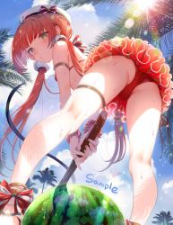 Rule 34 | 1girl, anklet, armband, ass, bikini, blue sky, breasts, cloud, day, food, from behind, from below, fruit, green eyes, holding, holding stick, ikezaki misa, jewelry, long hair, looking at viewer, low twintails, original, outdoors, palm tree, parted lips, red bikini, red hair, sample watermark, sky, small breasts, solo, stick, suikawari, sun, sun flare, swimsuit, thigh strap, thighs, tree, twintails, very long hair, watermark, watermelon