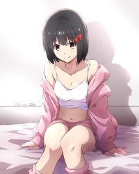 Rule 34 | 1girl, black hair, bow, breasts, camisole, cleavage, closed mouth, collarbone, commentary request, dated, hair bow, hibike! euphonium, highres, hisaishi kanade, jacket, looking at viewer, medium breasts, midriff, navel, nii manabu, pink jacket, pink shorts, red bow, red eyes, short hair, shorts, signature, sitting, smile, solo, white camisole