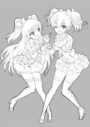 Rule 34 | 2girls, absurdres, boots, bow, breasts, full body, greyscale, hair between eyes, hair bow, hair ribbon, hands up, heart, high heels, highres, holding hands, idolmaster, idolmaster cinderella girls, idolmaster cinderella girls starlight stage, index finger raised, interlocked fingers, jougasaki mika, jougasaki rika, kitsune choukan, layered skirt, long hair, looking at another, looking at viewer, medium breasts, miniskirt, monochrome, multiple girls, navel, necktie, one eye closed, open mouth, pigeon-toed, ribbon, shirt, short sleeves, siblings, sisters, skirt, small breasts, smile, standing, teeth, thigh boots, twintails, two side up, upper teeth only, wrist cuffs