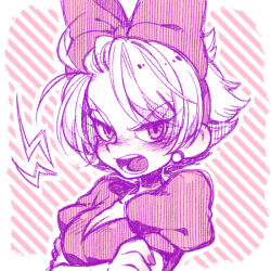 1girl angry bow_hairband breasts cleavage crossed_arms daisy_duck disney hairband humanization kiri_futoshi long_eyelashes looking_at_viewer monochrome open_mouth pink_theme puffy_short_sleeves puffy_sleeves short_hair short_sleeves solo striped_background upper_body