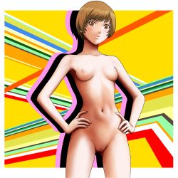 Rule 34 | 1girl, atlus, breasts, brown eyes, brown hair, cleft of venus, completely nude, hands on own hips, navel, nike (0306), nipples, nude, persona, persona 4, pussy, satonaka chie, short hair, small breasts, solo, uncensored