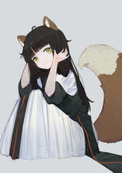 Rule 34 | 1girl, ahoge, animal ear fluff, animal ears, ano54, arm up, black hair, black shirt, blunt bangs, closed mouth, dress, fang, fang out, green eyes, grey background, hand up, head tilt, highres, long hair, looking at viewer, original, shirt, short sleeves, simple background, sitting, smile, solo, tail raised, very long hair, white dress