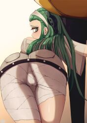 Rule 34 | 1girl, a.b.a, absurdres, artist request, ass, ass focus, bags under eyes, bandages, bare shoulders, cameltoe, from behind, green eyes, green hair, guilty gear, guilty gear strive, hairband, highres, huge ass, leaning, leaning forward, long hair, looking at viewer, looking back, paracelsus (guilty gear), sarashi, skirt, very long hair