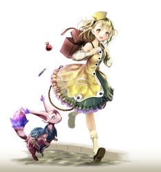 Rule 34 | 1girl, animal, atelier (series), atelier escha &amp; logy, bad id, bad pixiv id, blonde hair, detached sleeves, dia (saotoko), dress, erlenmeyer flask, flask, floating hair, hat, highres, loafers, long hair, long sleeves, looking at viewer, lucille ernella, open mouth, running, shoes, simple background, sleeveless, sleeveless dress, socks, solo, test tube, white background, white hat, white sleeves, white socks, yellow dress, yellow eyes