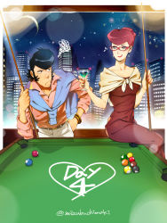 Rule 34 | 10s, 1boy, 1girl, annoyed, ball, bare arms, belt, billiard ball, billiards, blue eyes, breasts, building, city, cocktail glass, collared shirt, cup, dandy (space dandy), dress, drinking glass, earrings, eye contact, glass, glasses, hair bun, happy, heart, hetero, indoors, jewelry, lens flare, lipstick, looking at another, makeup, medium breasts, musical note, nail polish, night, night sky, pants, pompadour, pool stick, pool table, red hair, red lips, red nails, samba-temperado, scarlet (space dandy), shirt, single hair bun, sky, skyline, smile, space dandy, squiggle, star (sky), starry sky, sweater around neck, table, window
