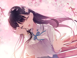 Rule 34 | 1girl, :d, ^ ^, black hair, blue ribbon, blue skirt, blush, branch, breasts, cherry blossoms, closed eyes, collared shirt, commentary request, crying, dress shirt, facing viewer, flower, hair flower, hair ornament, head tilt, highres, humuyun, long hair, medium breasts, neck ribbon, open mouth, original, pleated skirt, ribbon, school uniform, shirt, skirt, smile, solo, tears, very long hair, white flower, white shirt