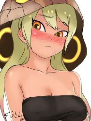 Rule 34 | 10s, 1girl, absurdres, alternate costume, animal costume, bare arms, bare shoulders, black tube top, blush, breasts, closed mouth, collarbone, covered erect nipples, dark-skinned female, dark skin, female focus, frown, gradient hair, green hair, highres, hood, kemono friends, king cobra (kemono friends), light green hair, long hair, looking at viewer, masuyama ryou, medium breasts, multicolored hair, neck, nose blush, orange eyes, pink hair, shy, simple background, solo, straight hair, strapless, tube top, two-tone hair, upper body, white background