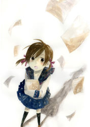 Rule 34 | 1girl, ahoge, black eyes, blue skirt, braid, brown eyes, brown hair, flying paper, from above, looking at viewer, looking up, low twintails, nananyo, original, paper, school uniform, short hair, single braid, skirt, solo, thighhighs, twintails, white background, zettai ryouiki