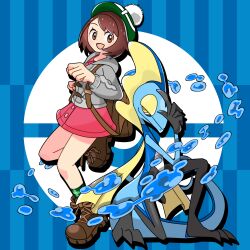 Rule 34 | 1girl, :d, backpack, bag, boku (fmku3244), boots, brown bag, brown eyes, brown footwear, brown hair, buttons, cable knit, cardigan, clenched hand, collared dress, commentary request, creatures (company), dress, eyelashes, game freak, gen 8 pokemon, gloria (pokemon), green headwear, green socks, grey cardigan, hat, highres, hooded cardigan, inteleon, medium hair, nintendo, open mouth, pink dress, plaid socks, pokemon, pokemon (creature), pokemon swsh, smile, socks, tam o&#039; shanter, water drop