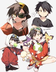 Rule 34 | 1boy, ?, aipom, backwards hat, baseball cap, black hair, black shirt, blowing bubbles, child, creatures (company), cue stick, egg, ethan (pokemon), game freak, gen 2 pokemon, goggles, goggles on head, hat, highres, holding, hood, hooded jacket, jacket, long sleeves, looking at viewer, male focus, nintendo, open mouth, pants, pichu, pk mamama, pokemon, pokemon (creature), pokemon egg, shirt, shoes, short hair, simple background, smile, sneakers, white background, yellow eyes
