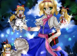 Rule 34 | 1girl, alice margatroid, ankle socks, apron, blonde hair, book, capelet, di tao, dress, flying, green eyes, grimoire, grimoire of alice, hairband, hand in own hair, hand up, hourai doll, jewelry, lolita hairband, long hair, looking at viewer, mary janes, night, night sky, open hand, open mouth, outdoors, puppet rings, puppet strings, ribbon, ring, sash, shanghai doll, shoes, short hair, short sleeves, skirt, skirt set, sky, socks, solo, star (sky), starry sky, touhou, tree, waist apron, wrist cuffs