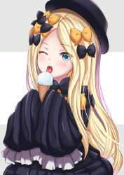 Rule 34 | 1girl, abigail williams (fate), bad id, bad pixiv id, black bow, black dress, black hat, blonde hair, blue eyes, blush, bow, breasts, dress, fate (series), food, forehead, hat, highres, ice cream, ice cream cone, licking, long hair, long sleeves, looking at viewer, multiple bows, one eye closed, open mouth, orange bow, parted bangs, ribbed dress, shirokuro (monochrome0226), sleeves past fingers, sleeves past wrists, solo, tongue, tongue out
