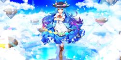 Rule 34 | 1girl, alternate hair color, apron, black hat, blue hair, blue skirt, boots, bow, bowtie, brown footwear, closed mouth, cloud, cloudy sky, collared shirt, cross-laced footwear, crossed arms, floating hair, food, frilled skirt, frills, fruit, full body, gradient hair, hat, highres, hinanawi tenshi, ichiyan, keystone, leaf hat ornament, long hair, looking at viewer, multicolored hair, non-web source, official art, orange eyes, peach, peach hat ornament, puffy short sleeves, puffy sleeves, purple hair, red bow, red bowtie, second-party source, shirt, short sleeves, skirt, sky, sleeve cuffs, smile, solo, touhou, touhou lostword, v-shaped eyebrows, waist apron, white apron, white shirt