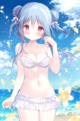 Rule 34 | 1girl, bare arms, bare shoulders, bikini, blue hair, blue sky, blush, bow, breasts, cleavage, closed mouth, cloud, cloudy sky, collarbone, commentary request, day, double bun, flower, frilled bikini, frills, hair between eyes, hair bow, hair bun, hand up, highres, horizon, looking at viewer, medium breasts, navel, ocean, original, outdoors, purple eyes, shiratama (shiratamaco), sidelocks, sky, smile, solo, swimsuit, twintails, water, white bikini, white bow, yellow flower