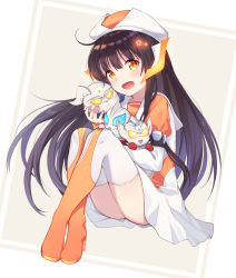 Rule 34 | 1girl, animification, black hair, blush, boots, brown eyes, chibi, dress, hair ornament, highres, holding, holding toy, humanization, long hair, looking at viewer, sailor collar, sitting, solo, star (symbol), star hair ornament, taro (ultrataro), thigh boots, thighhighs, tokusatsu, toy, ultra series, ultraman geed, ultraman geed (series), ultraman r/b, ultraman taiga, ultraman taiga (series), ultraman zero, ultrawoman grigio, very long hair, white dress
