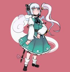 Rule 34 | 1girl, belt, belt buckle, black belt, black bow, black bowtie, black footwear, black hairband, blue eyes, blush, bob cut, bobby socks, bow, bowtie, breasts, buckle, buttons, closed mouth, collared shirt, commentary, frilled skirt, frills, full body, green skirt, hairband, hitodama print, katana, konpaku youmu, konpaku youmu (ghost), long sleeves, looking at viewer, nyong nyong, pink background, puffy sleeves, shirt, shoes, short hair, sidelocks, simple background, skirt, small breasts, socks, solo, standing, sweatdrop, sword, sword behind back, symbol-only commentary, touhou, wakizashi, weapon, weapon on back, white hair, white shirt, wing collar