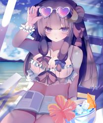 Rule 34 | 1girl, :p, absurdres, alternate costume, an (miyoshi ruu), arm up, beach, bikini, blunt bangs, breasts, cleavage, crescent, crescent hair ornament, double bun, flower, hair bun, hair ornament, heart, heart-shaped eyewear, highres, large breasts, long hair, looking at viewer, mountainous horizon, no headwear, outdoors, patchouli knowledge, purple eyes, purple hair, sitting, solo, sunglasses, swimsuit, tongue, tongue out, touhou