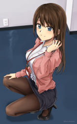 Rule 34 | 1girl, black footwear, blue eyes, brown hair, cardigan, closed mouth, collared shirt, commentary request, dress, electrical outlet, hand on own thigh, high heels, id card, indoors, lanyard, long hair, looking at viewer, miniskirt, mole, mole under mouth, office lady, open cardigan, open clothes, original, pantyhose, pencil skirt, pink cardigan, setu kurokawa, shirt, skirt, smile, solo, squatting, white shirt