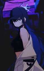 Rule 34 | 1girl, baseball cap, black hair, black hat, black mask, blanchat, blue archive, blue hair, breasts, closed mouth, coat, commentary request, crop top, hair between eyes, halo, hat, highres, long hair, looking at viewer, mask, mask around neck, medium breasts, mouth mask, multicolored hair, open clothes, open coat, purple eyes, saori (blue archive), scrape, simple background, solo, very long hair, white coat