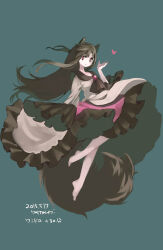 Rule 34 | 1girl, animal ears, aqua background, artist name, barefoot, brooch, brown hair, closed mouth, dated, dress, frilled sleeves, frills, full body, heart, highres, imaizumi kagerou, jewelry, long hair, namauni, red dress, red eyes, simple background, sleeves past fingers, sleeves past wrists, smile, solo, tail, touhou, white dress, wide sleeves, wolf ears, wolf tail