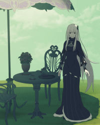 Rule 34 | 1girl, black dress, butterfly hair ornament, chair, closed mouth, cloud, colored eyelashes, commentary request, cup, day, dress, echidna (re:zero), grass, hair between eyes, hair ornament, highres, iwamushi, long hair, long sleeves, looking at viewer, outdoors, re:zero kara hajimeru isekai seikatsu, saucer, shadow, sidelocks, sky, smile, solo, standing, table, tray, umbrella, very long hair