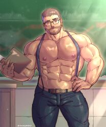 Rule 34 | 1boy, abs, bara, chalkboard, contrapposto, denim, desk, glasses, head tilt, highres, holding, jeans, large pectorals, male focus, mature male, muscular, muscular male, navel, navel hair, nipples, onionworkshop, original, pants, pectorals, short hair, sideburns, solo, standing, stomach, sunlight, suspenders, teacher, thick thighs, thighs, tight clothes, tight pants, topless male