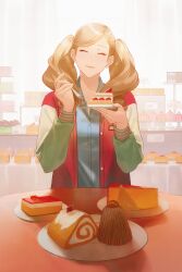 Rule 34 | 1girl, :t, absurdres, blue shirt, cake, cake slice, casual, cheesecake, chocolate, closed eyes, closed mouth, dessert, eating, food, fork, hair ornament, hairclip, happy, highres, holding, holding food, holding fork, holding plate, jacket, maple linf, multicolored clothes, multicolored jacket, persona, persona 5, plate, red jacket, shirt, strawberry shortcake, swept bangs, swiss roll, table, takamaki anne, twintails