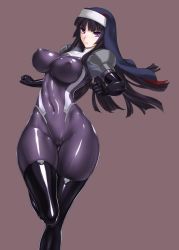 Rule 34 | &gt;:|, 1girl, :|, armor, black footwear, black gloves, black hair, black thighhighs, blunt bangs, bodysuit, boots, breasts, cameltoe, clenched hand, clenched hands, closed mouth, covered erect nipples, covered navel, curvy, elbow gloves, female focus, gloves, grey background, habit, hip focus, impossible bodysuit, impossible clothes, kamori sayaka, large breasts, latex, latex gloves, latex legwear, latex suit, leg lift, legs, long hair, long legs, looking at viewer, nipples, nun, original, pauldrons, purple bodysuit, purple eyes, purple hair, rindou (radical dream), serious, shiny clothes, shoulder armor, simple background, skin tight, solo, standing, thick thighs, thigh boots, thigh gap, thighhighs, thighs, tight clothes, v-shaped eyebrows, wide hips