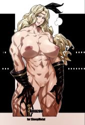 Rule 34 | abs, amazon (dragon&#039;s crown), amazon warrior, black background, blonde hair, blue eyes, breasts, burustandin, commission, dragon&#039;s crown, feather hair ornament, feathers, female pubic hair, gloves, hair ornament, highres, large breasts, muscular, muscular female, navel, nipples, nofuture, nude, pubic hair, pussy, tattoo, thick thighs, thighs, vanillaware
